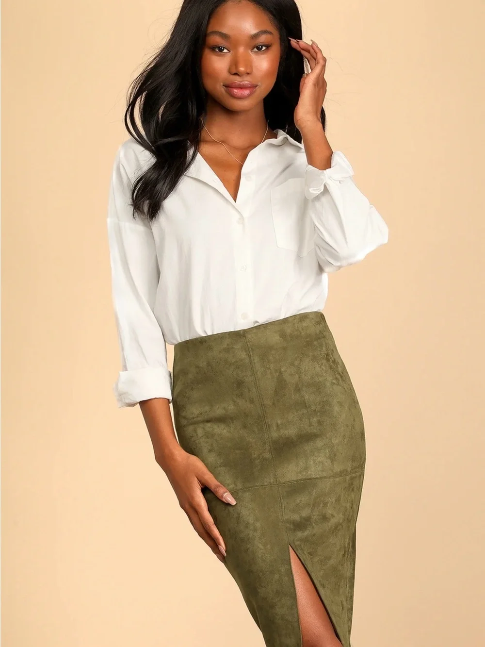 Lulu’s Total Allure Olive Green Suede Pencil Midi Skirt, Size Medium